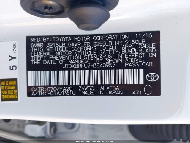 JTDKBRFU7H3540957 Toyota Prius Two