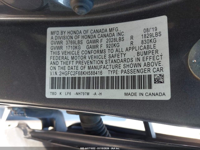 Honda Civic Lx 2019 2HGFC2F68KH588416 Image 9