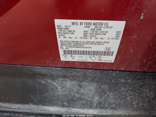 Aukcja sprzedaży 2017 Ford Explorer Xlt, vin: 1FM5K8D88HGD52725, numer aukcji: 44171998