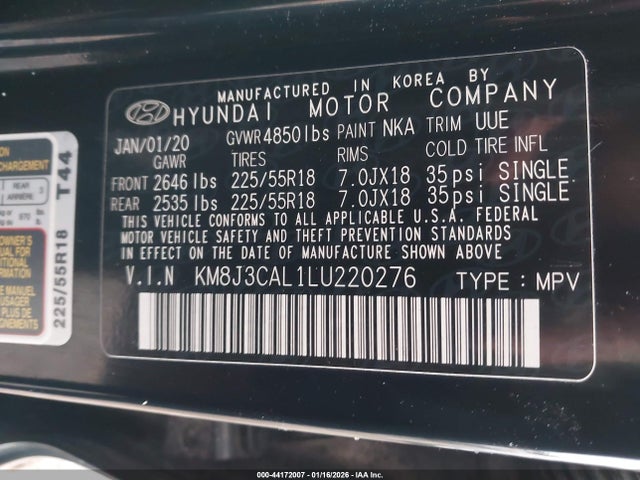 Продаж на аукціоні авто 2020 Hyundai Tucson Ultimate, vin: KM8J3CAL1LU220276, номер лоту: 44172007