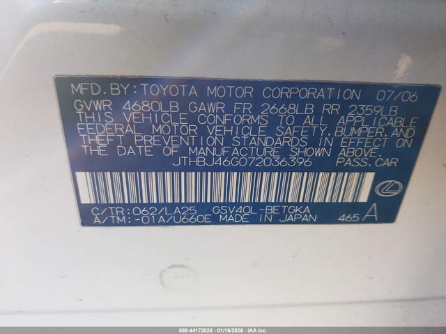 44172028 :رقم المزاد ، JTHBJ46G072036396 vin ، 2007 Lexus Es 350 مزاد بيع