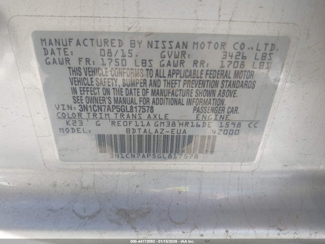 3N1CN7AP5GL817578 Nissan Versa 1.6 S+