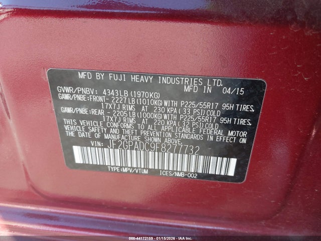 JF2GPADC9F8277732 Subaru Xv Crosstrek 2.0i Premium