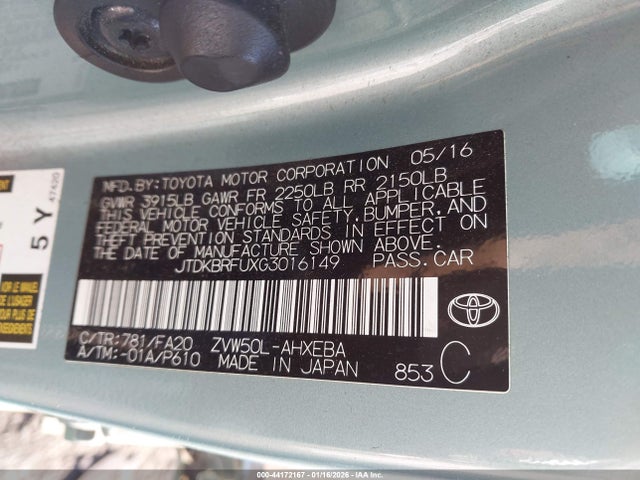 JTDKBRFUXG3016149 Toyota Prius Two