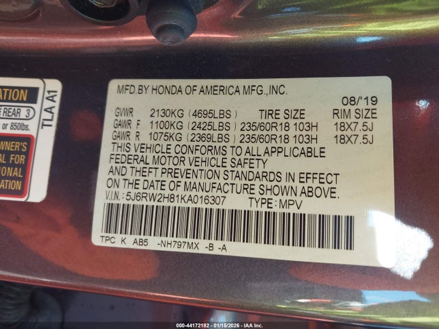5J6RW2H81KA016307 Honda Cr-v Ex-l