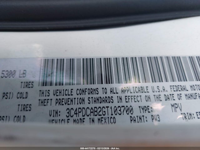 3C4PDCAB2GT103700 Dodge JOURNEY SE