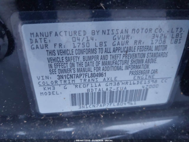 Aukcja sprzedaży 2015 Nissan Versa 1.6 S+, vin: 3N1CN7AP7FL804961, numer aukcji: 44172310