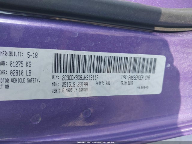 2C3CDXBG9JH313117 Dodge Charger Sxt Rwd