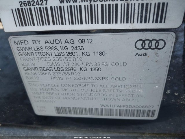 44172382 :رقم المزاد ، WA1LFAFP3DA006827 vin ، 2013 Audi Q5 2.0t Premium مزاد بيع