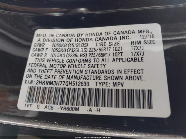 2HKRM3H77GH512639 Honda Cr-v Ex-l