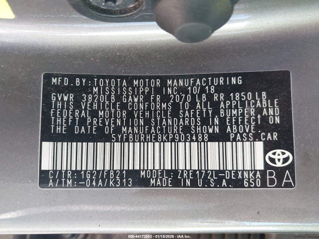 5YFBURHE8KP903488 Toyota COROLLA LE