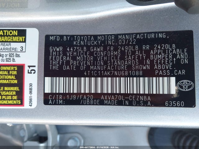 4T1C11AK7NU681088 Toyota CAMRY LE