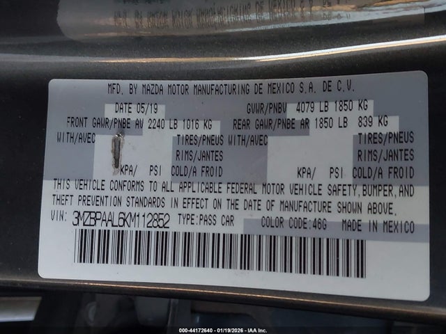 3MZBPAAL6KM112852 Mazda Mazda3 Select Package