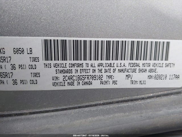 44172647 :رقم المزاد ، 2C4RC1BG5FR709102 vin ، 2015 Chrysler Town & Country Touring مزاد بيع