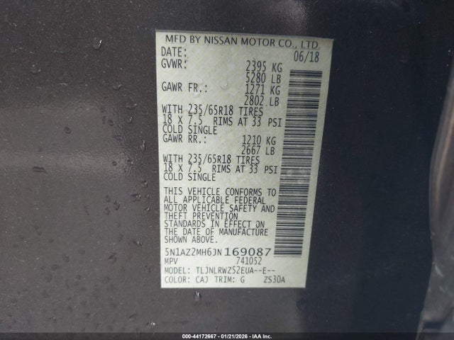 5N1AZ2MH6JN169087 Nissan MURANO SL