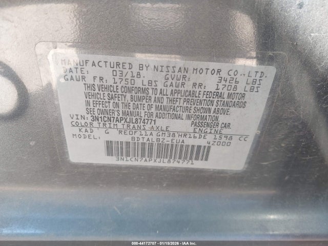 3N1CN7APXJL874771 Nissan Versa 1.6 Sv
