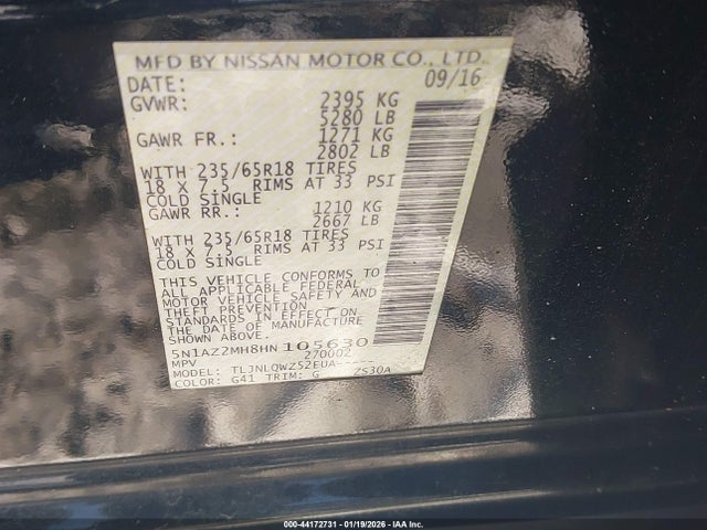 Aukcja sprzedaży 2017 Nissan Murano Platinum/s/sl/sv, vin: 5N1AZ2MH8HN105630, numer aukcji: 44172731