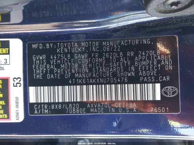 4T1K61AKXNU705476 Toyota CAMRY XSE