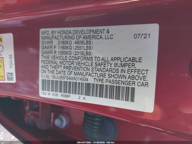 44172861 :رقم المزاد ، 19UUB5F54MA014934 vin ، 2021 Acura Tlx A-spec Package مزاد بيع
