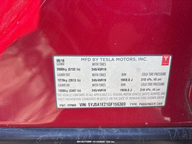 44172898 :رقم المزاد ، 5YJSA1E21GF156369 vin ، 2016 Tesla Model S 60d/70d/75d/85d/90d مزاد بيع