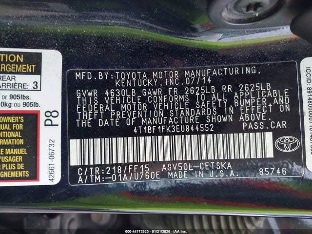 2014 Toyota Camry Se Sport მანქანა იყიდება აუქციონზე, vin: 4T1BF1FK3EU844552, აუქციონის ნომერი: 44172920