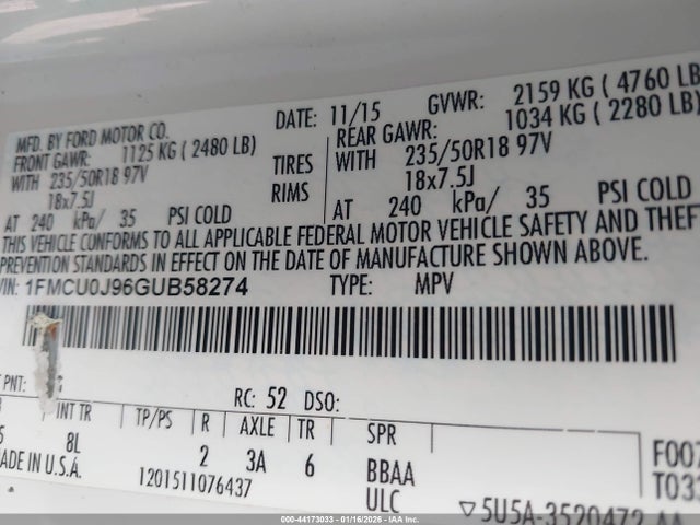 1FMCU0J96GUB58274 Ford Escape Titanium