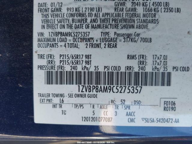 2012 FORD MUSTANG 1ZVBP8AM9C5275357 Photo 8