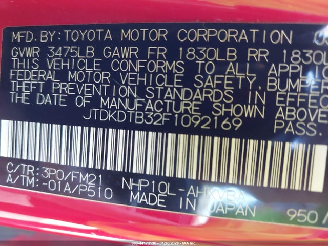 JTDKDTB32F1092169 Toyota Prius C Two