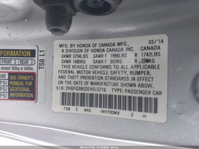 Aukcja sprzedaży 2014 Honda Civic Lx, vin: 2HGFG3B52EH515716, numer aukcji: 44173162