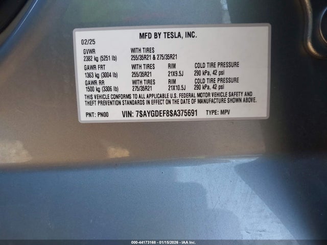 Aukcja sprzedaży 2025 Tesla Model Y Performance Dual Motor All-wheel Drive, vin: 7SAYGDEF8SA375691, numer aukcji: 44173168