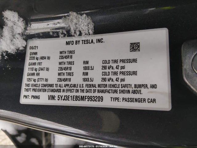 Продажа на аукционе авто 2021 Tesla Model 3 Long Range Dual Motor All-wheel Drive, vin: 5YJ3E1EB5MF993209, номер лота: 44173178