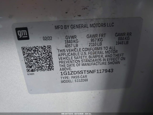 1G1ZD5ST5NF117943 Chevrolet Malibu Fwd Lt