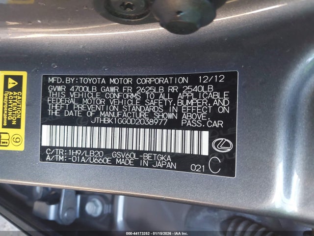 Aukcja sprzedaży 2013 Lexus Es 350, vin: JTHBK1GG0D2038977, numer aukcji: 44173252