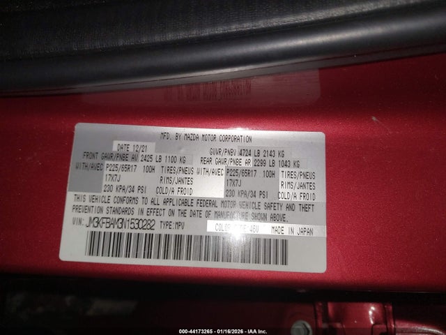 44173265 :رقم المزاد ، JM3KFBAM3N1530282 vin ، 2022 Mazda Cx-5 2.5 S مزاد بيع