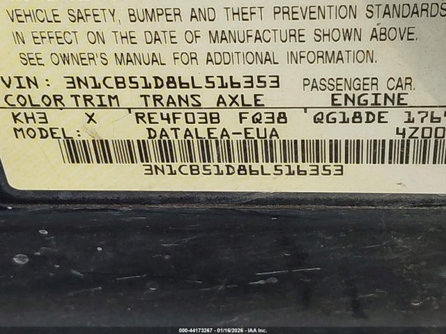 2006 Nissan Sentra 1.8s მანქანა იყიდება აუქციონზე, vin: 3N1CB51D86L516353, აუქციონის ნომერი: 44173267