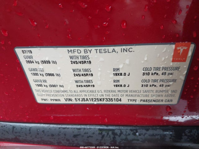 2019 TESLA MODEL S 5YJSA1E25KF335104 Photo 8