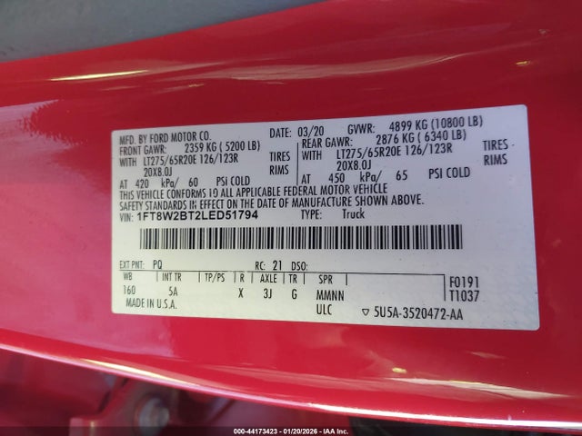2020 Ford F-250 Lariat მანქანა იყიდება აუქციონზე, vin: 1FT8W2BT2LED51794, აუქციონის ნომერი: 44173423