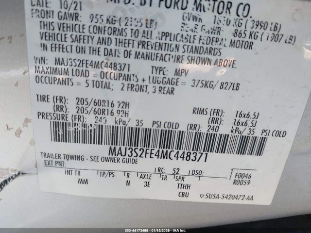2021 Ford Ecosport S მანქანა იყიდება აუქციონზე, vin: MAJ3S2FE4MC448371, აუქციონის ნომერი: 44173465