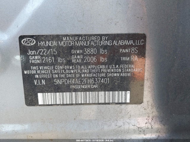 Hyundai Elantra Limited 2015 5NPDH4AE2FH637401 Image 9