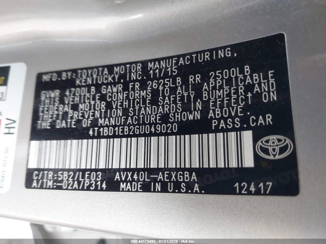 4T1BD1EB2GU049020 Toyota Avalon Hybrid Xle Premium