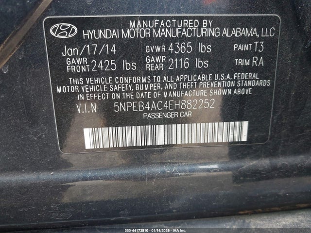 44173510 :رقم المزاد ، 5NPEB4AC4EH882252 vin ، 2014 Hyundai Sonata Gls مزاد بيع
