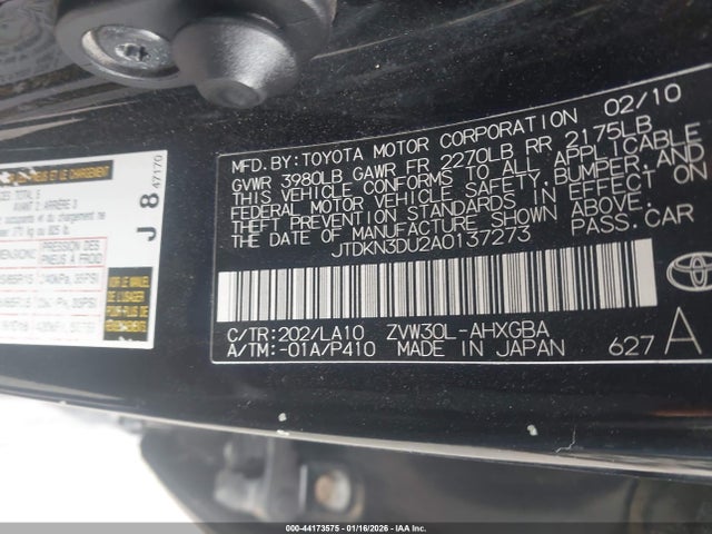 2010 Toyota Prius Iv მანქანა იყიდება აუქციონზე, vin: JTDKN3DU2A0137273, აუქციონის ნომერი: 44173575