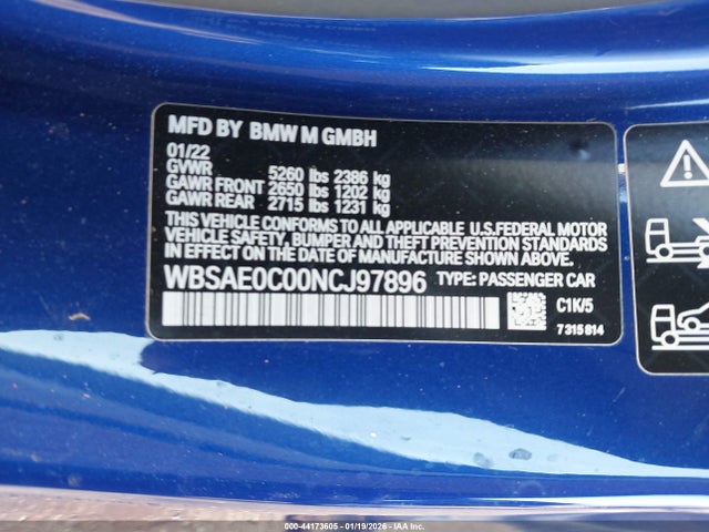 44173605 :رقم المزاد ، WBSAE0C00NCJ97896 vin ، 2022 Bmw M8 Competition مزاد بيع
