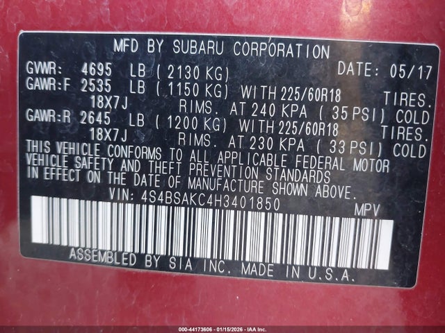 4S4BSAKC4H3401850 Subaru Outback 2.5i Limited