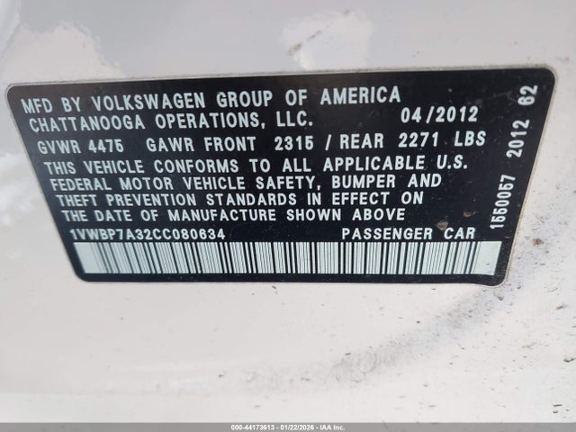 Продаж на аукціоні авто 2012 Volkswagen Passat 2.5l Se, vin: 1VWBP7A32CC080634, номер лоту: 44173613