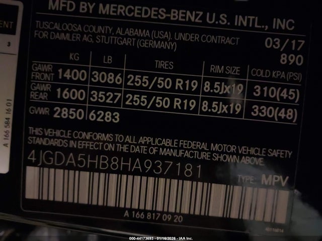 44173693 :رقم المزاد ، 4JGDA5HB8HA937181 vin ، 2017 Mercedes-benz Gle 350 4matic مزاد بيع