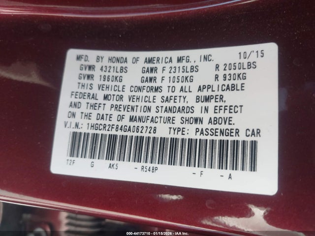 1HGCR2F84GA062728 Honda Accord Ex-l