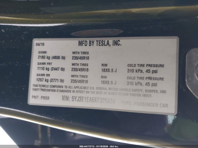 2019 Tesla Model 3 Long Range/mid Range/standard Range/standard Range Plus მანქანა იყიდება აუქციონზე, vin: 5YJ3E1EA6KF325424, აუქციონის ნომერი: 44173712