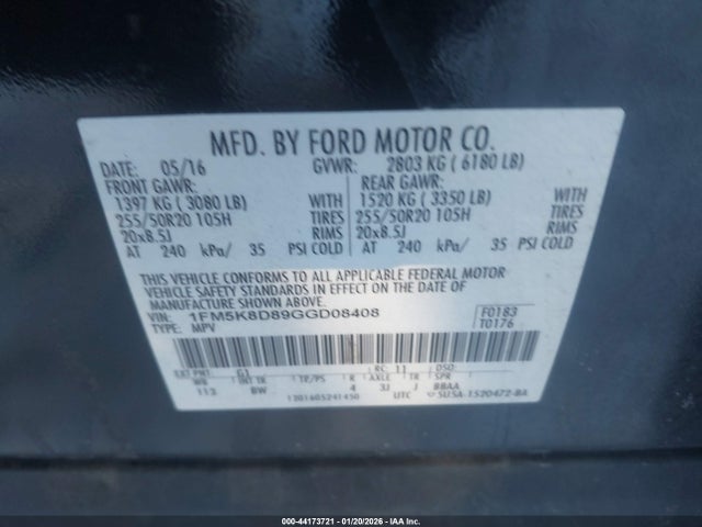 1FM5K8D89GGD08408 Ford EXPLORER XLT