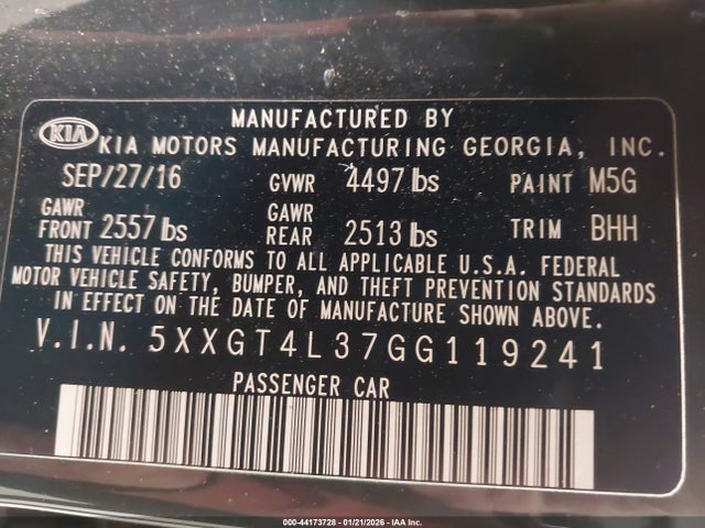 5XXGT4L37GG119241 KIA Optima Lx